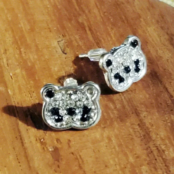 Little Panda Bear Pave Austrian Crystal Black Clear Silver Post Stud Earrings - Picture 1 of 7